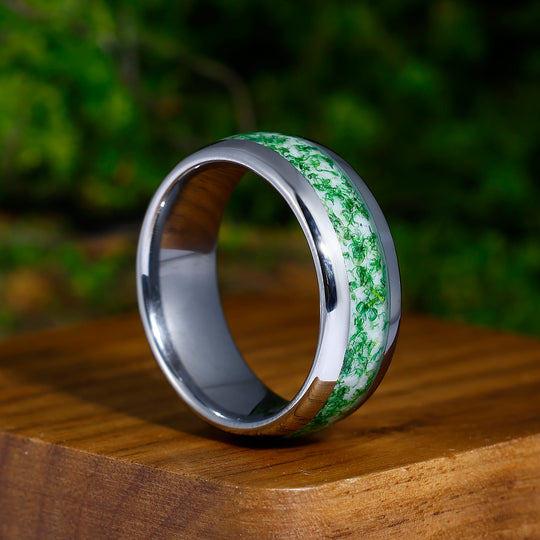 Green Moss Agate Inlaid Tungsten Ring 8mm Men's Engagement Ring Promise Ring