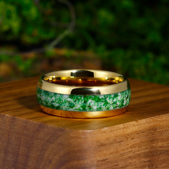 Groene mos agaat trouwring geel goud gehamerd wolfraam ring 8 mm man ring comfort fit koepel Poolse verjaardag verjaardagscadeau voor hem
