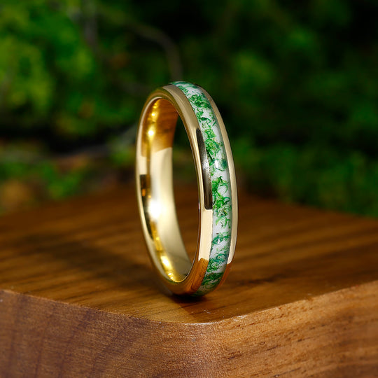 4mm Natural Moss Agate Tungsten Men' s Ring Yellow Gold Plated Tungsten Unisex Ring