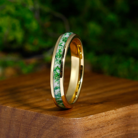 Groene mos agaat trouwring geel goud gehamerd wolfraam ring 4 mm man ring Comfort fit koepel Poolse verjaardag verjaardagscadeau voor hem
