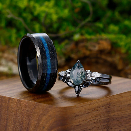 Vintage Pear Cut Moss Agate & Black Tungsten 925 Sterling Sliver Matching Nature Couple Ring - Esdomera
