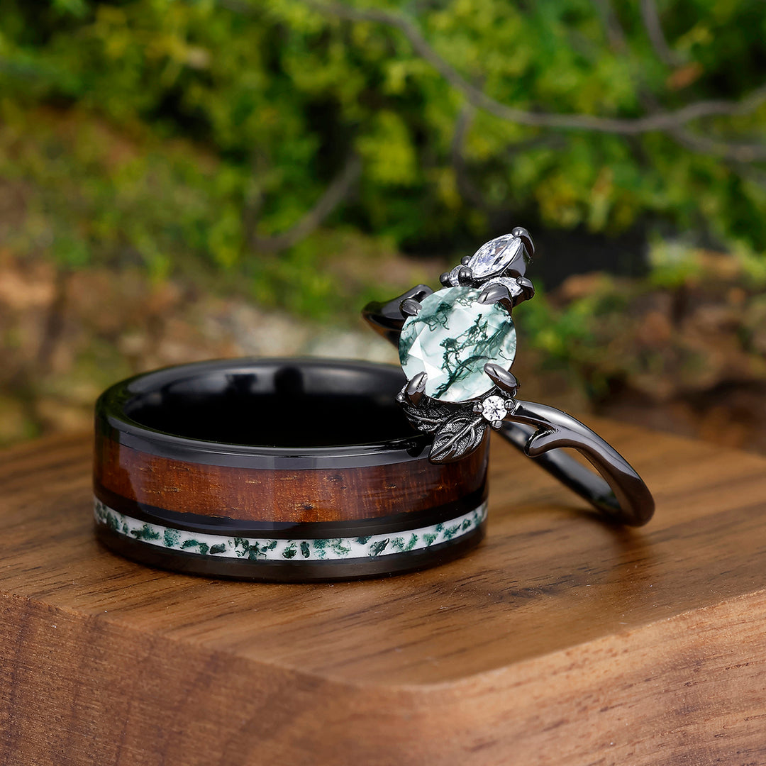 Uniquely Patterned Natural Moss Agate Couples Ring Set Wood Strips Tungsten Matching Personalized Couples' Set