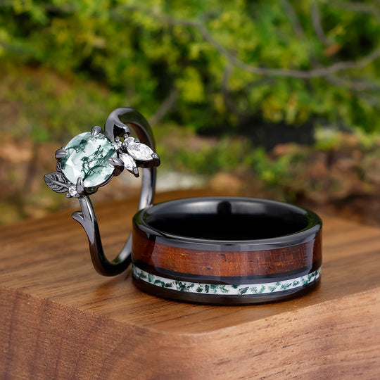 Uniquely Patterned Natural Moss Agate Couples Ring Set Wood Strips Tungsten Matching Personalized Couples' Set