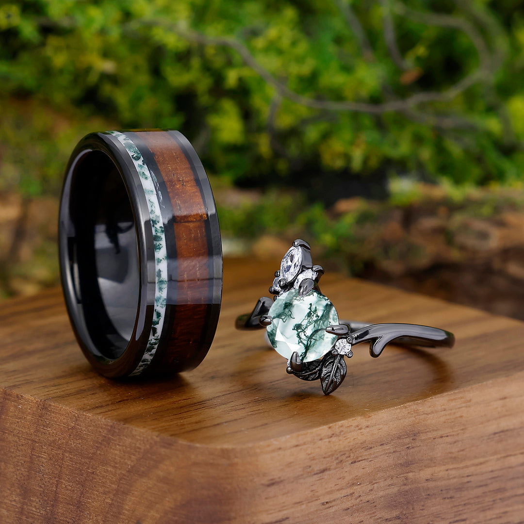 Uniquely Patterned Natural Moss Agate Couples Ring Set Wood Strips Tungsten Matching Personalized Couples' Set