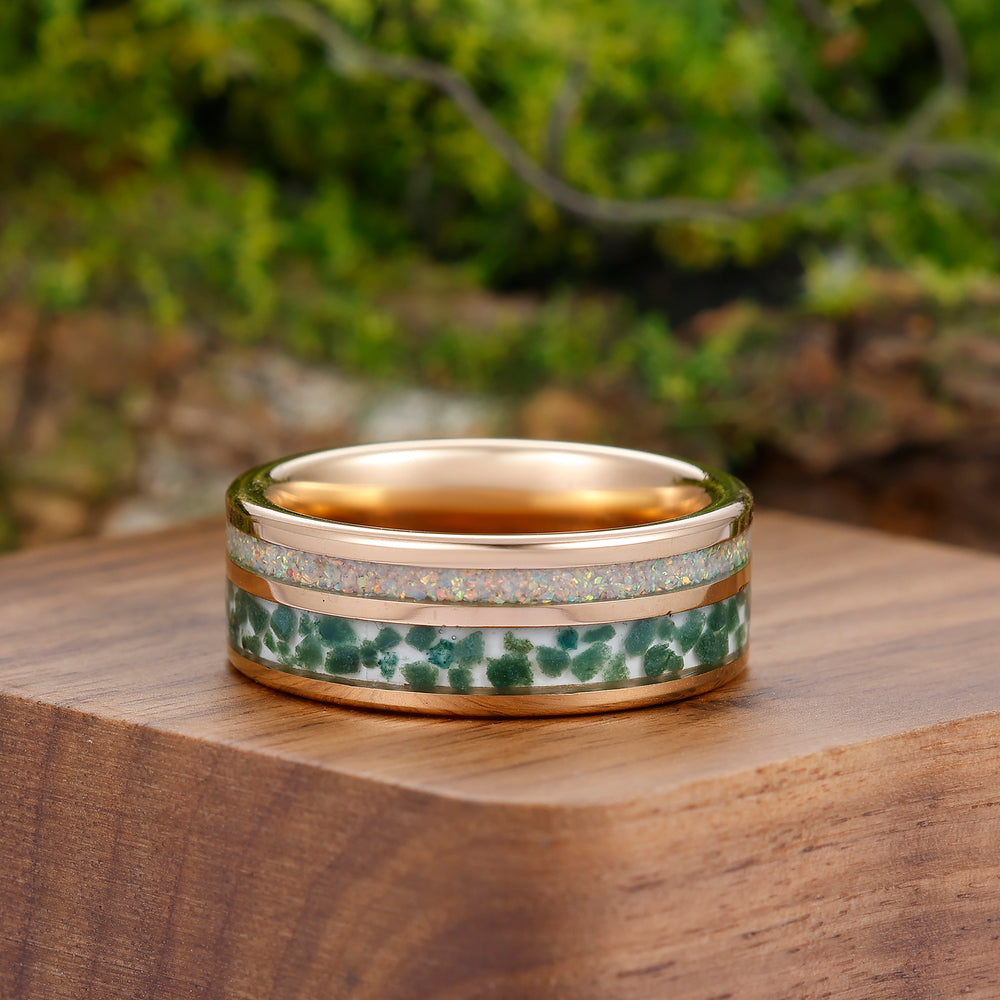 Australian Opal-Moss Agate Inlay Ring 8mm Rose Gold Tungsten Steel Men's Ring Anniversary Gift