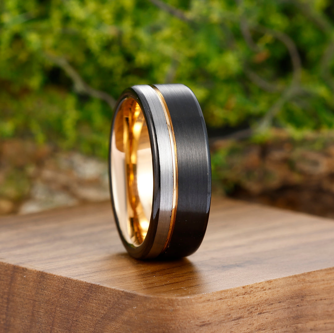 Black Rose Gold-Silver Three-color Tungsten Steel Ring 8mm Men's Ring Birthday Gift