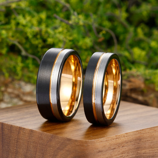 Black-Rose Gold-Silver Three-color Ring Sets His and Hers Tungsten Wedding Rings Silver Ring Sets