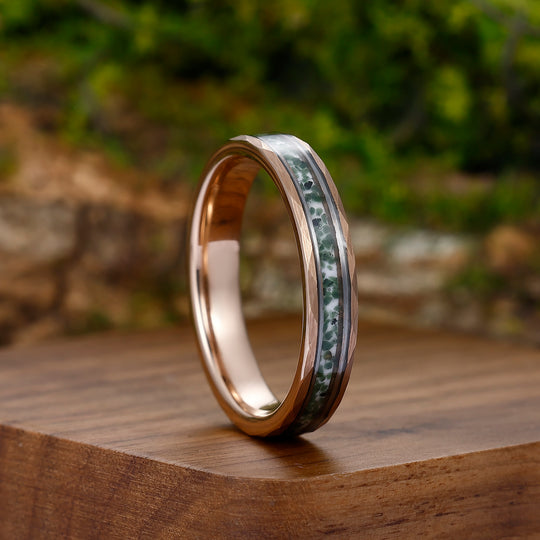 Moss Agate Tungsten Promise Ring 4mm Rose Gold Plated Hammer Unisex Ring