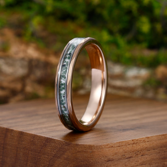 Moss Agate Tungsten Promise Ring 4mm Rose Gold Plated Hammer Unisex Ring