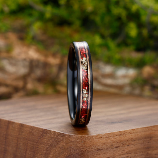 4mm Ruby Gold Leaf Inlay Black Tungsten Wedding Band Unisex Ring