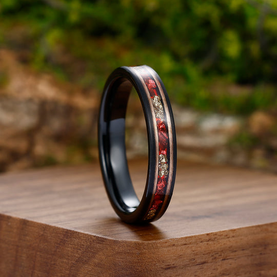 4mm Ruby Gold Leaf Inlay Black Tungsten Wedding Band Unisex Ring