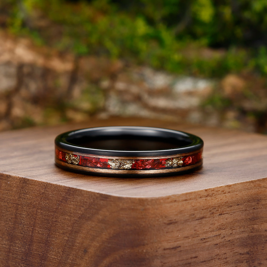 4mm Ruby Gold Leaf Inlay Black Tungsten Wedding Band Unisex Ring