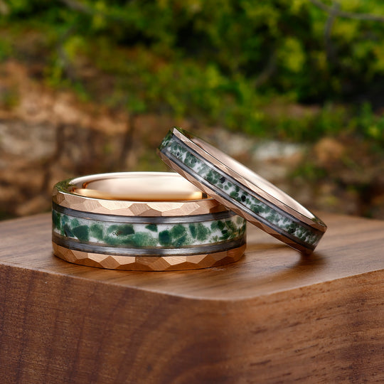 Moss Agate Tungsten His and Hers Wedding Band Rose Gold Plated Hammer Promise Ring Set