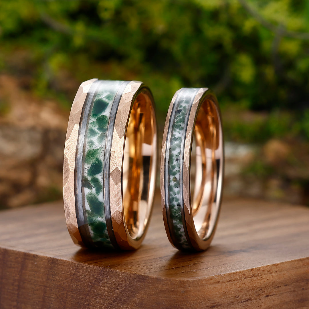 Moss Agate Tungsten His and Hers Wedding Band Rose Gold Plated Hammer Promise Ring Set