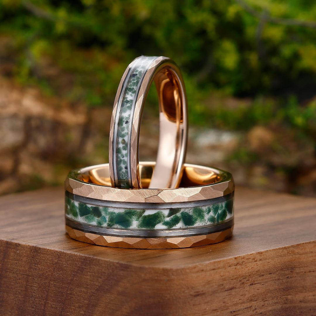 Moss Agate Tungsten His and Hers Wedding Band Rose Gold Plated Hammer Promise Ring Set