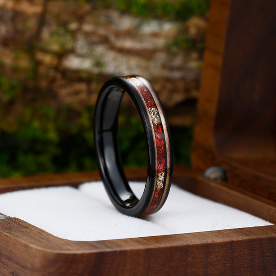 4mm Ruby Gold Leaf Inlay Black Tungsten Wedding Band Unisex Ring