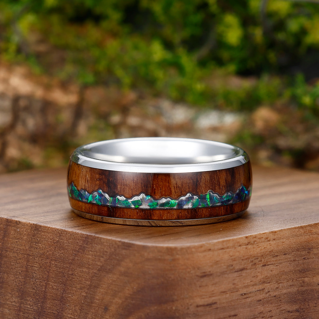 Blue Green Opal Inlay Wood Tungsten Wedding Band Silver Plated Polished Ring For Birthday Gift