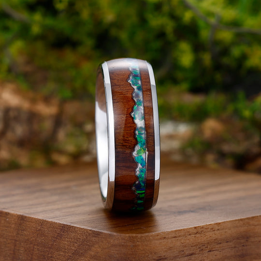 Blue Green Opal Inlay Wood Tungsten Wedding Band Silver Plated Polished Ring For Birthday Gift