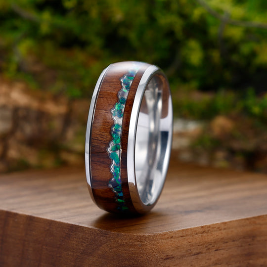 Blue Green Opal Inlay Wood Tungsten Wedding Band Silver Plated Polished Ring For Birthday Gift