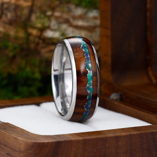 Blue Green Opal Inlay Wood Tungsten Wedding Band Silver Plated Polished Ring For Birthday Gift