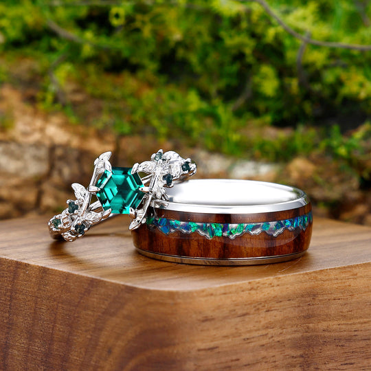 Brilliant 0.85CT Hexagon Cut Emerald Engagement Leaf Ring Set 925 Sterling Silver And Tungsten Matching Ring