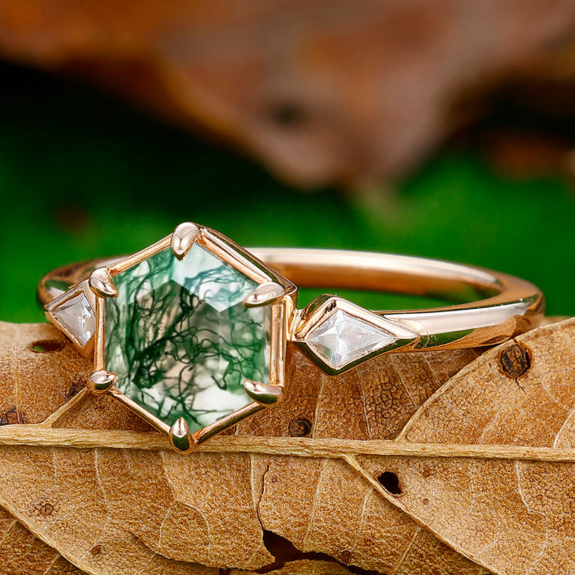 Unique Hexagon Cut Moss Agate Engagement Ring Kite Shape Moissanite Inlaid Women Ring