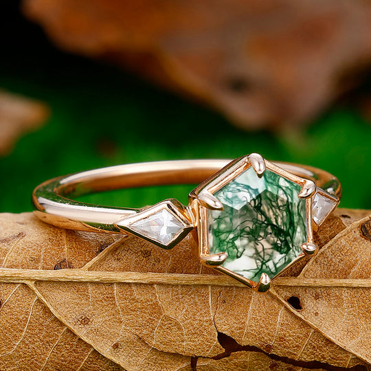 Unique Hexagon Cut Moss Agate Engagement Ring Kite Shape Moissanite Inlaid Women Ring