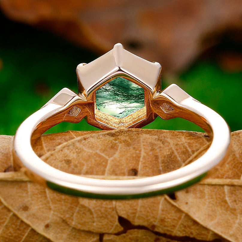 Unique Hexagon Cut Moss Agate Engagement Ring Kite Shape Moissanite Inlaid Women Ring