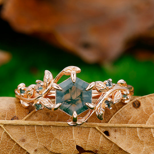 Dainty 0.85CT Hexagon Cut Moss Agate Leaf Engagement Ring For Anniversary Gift