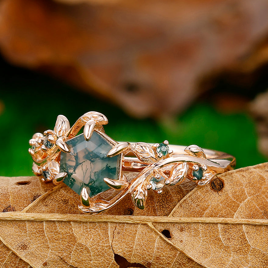 Dainty 0.85CT Hexagon Cut Moss Agate Leaf Engagement Ring For Anniversary Gift