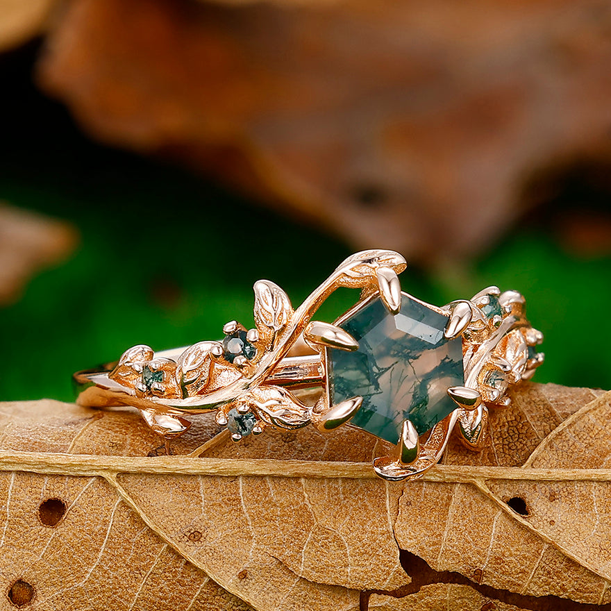 Dainty 0.85CT Hexagon Cut Moss Agate Leaf Engagement Ring For Anniversary Gift