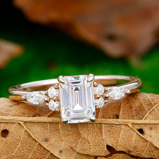 1CT Emerald Cut Moissanite Inlaid Engagement Ring For Women Gift