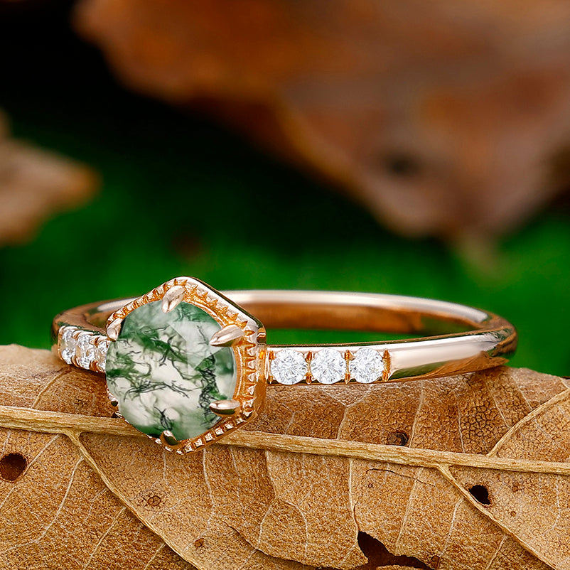 Round Cut Natural Moss Agate Engagement Ring Moissanite Inlaid Wedding Anniversary Ring