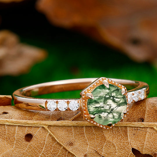 Round Cut Natural Moss Agate Engagement Ring Moissanite Inlaid Wedding Anniversary Ring