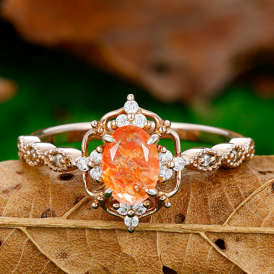 1CT Oval Cut Natural Sunstone Cluster Engagement Ring For Women Gift