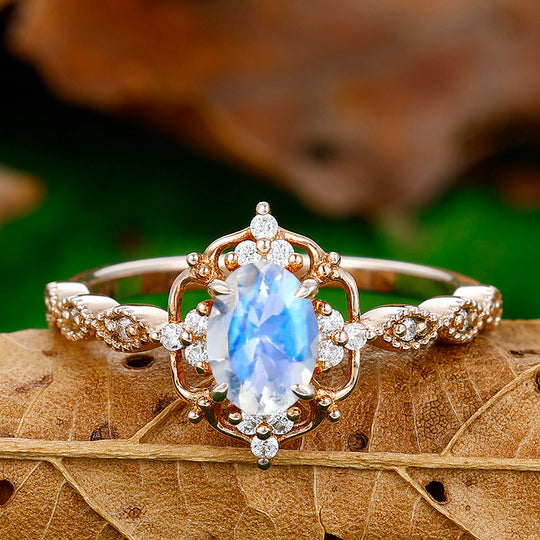 1CT Oval Cut Moonstone Cluster Engagement Ring For Women Gift