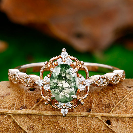 Dainty 1CT Oval Cut Moss Agate Engagement Ring Moissanite Inlaid Women Fine Ring