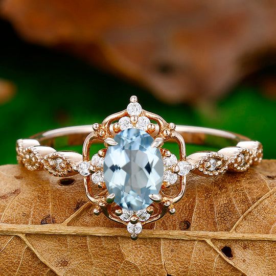 1CT Oval Cut Aquamarine Cluster Engagement Ring For Women Gift