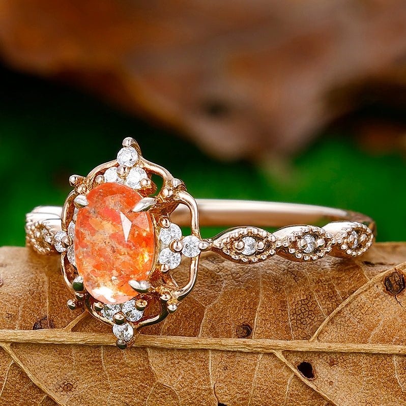 1CT Oval Cut Natural Sunstone Cluster Engagement Ring For Women Gift