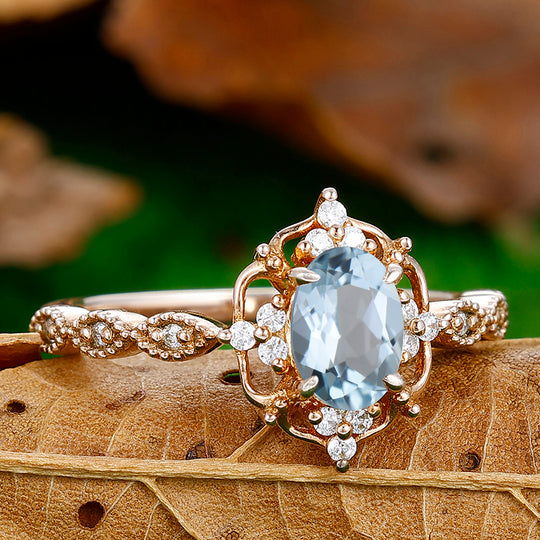 1CT Oval Cut Aquamarine Cluster Engagement Ring For Women Gift