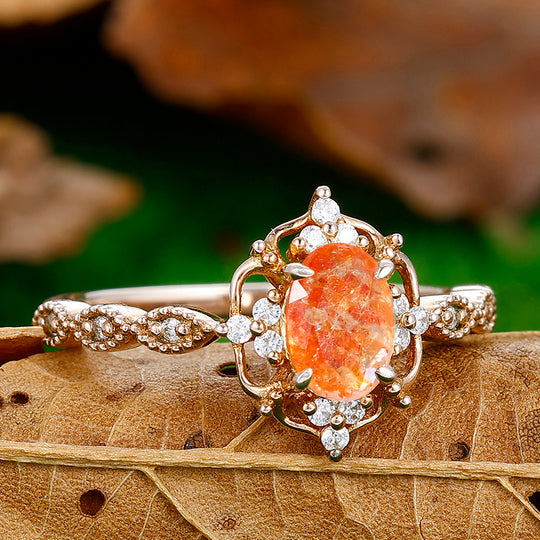 1CT Oval Cut Natural Sunstone Cluster Engagement Ring For Women Gift