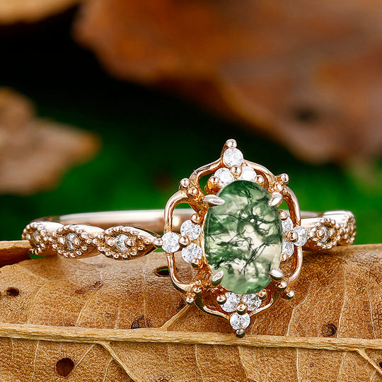 Dainty 1CT Oval Cut Moss Agate Engagement Ring Moissanite Inlaid Women Fine Ring