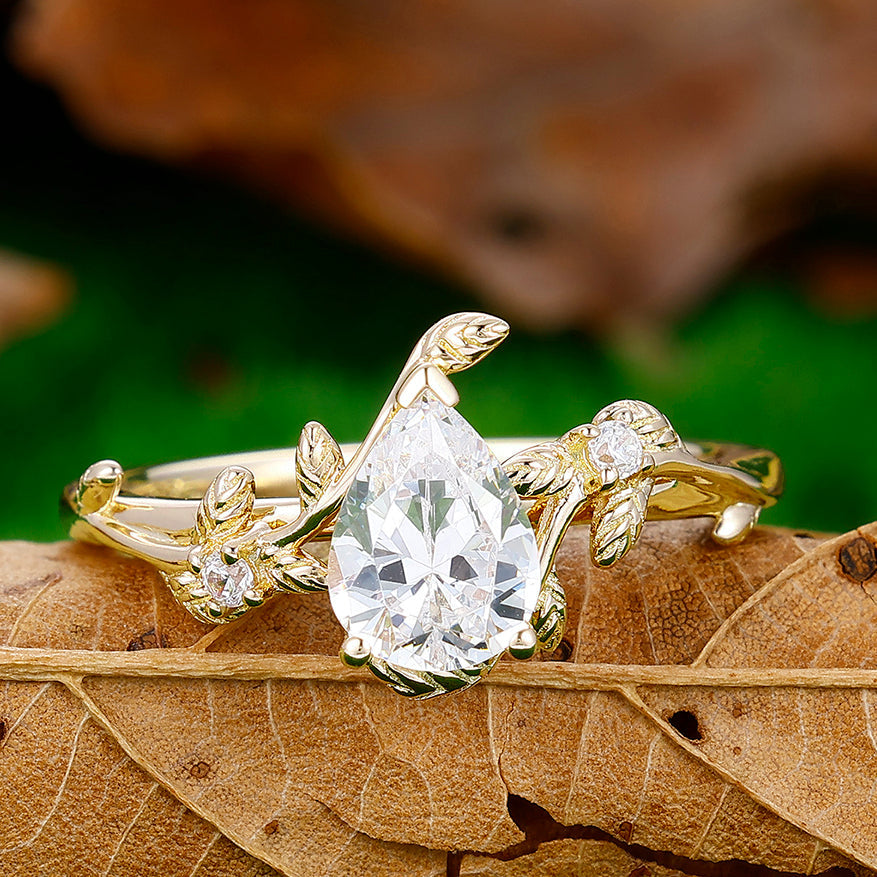 1.3CT Pear Cut Moissanite Engagement Leaf Ring Women Fine Ring