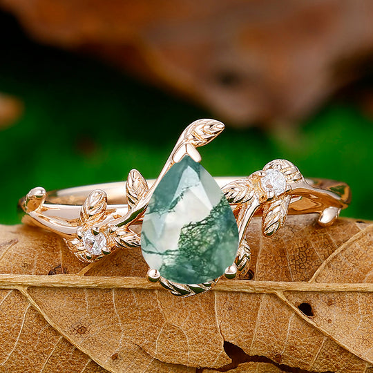 Pear Cut Natural Moss Agate Engagement Leaf Shape Ring For Anniversary Gift