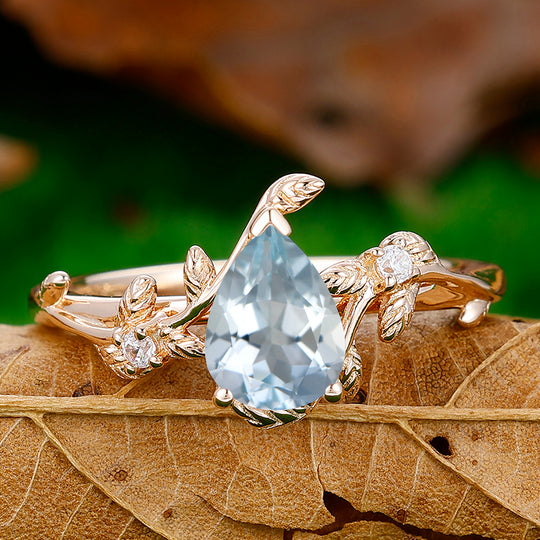 1.3CT Pear Cut Leaf Aquamarine Engagement Ring For Women Gift