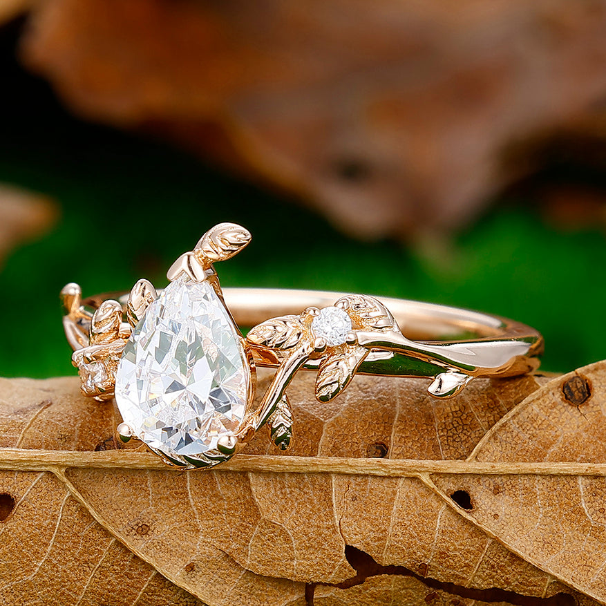 Pear Cut Lab Grown Diamond Engagement Leaf Women Ring