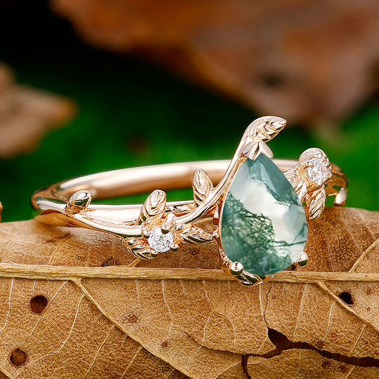 Pear Cut Natural Moss Agate Engagement Leaf Shape Ring For Anniversary Gift