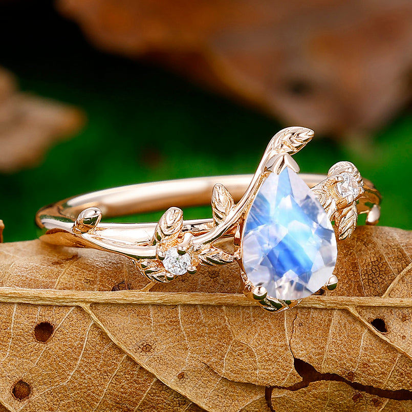 1.3CT Pear Cut Leaf Moonstone Engagement Ring For Women Gift