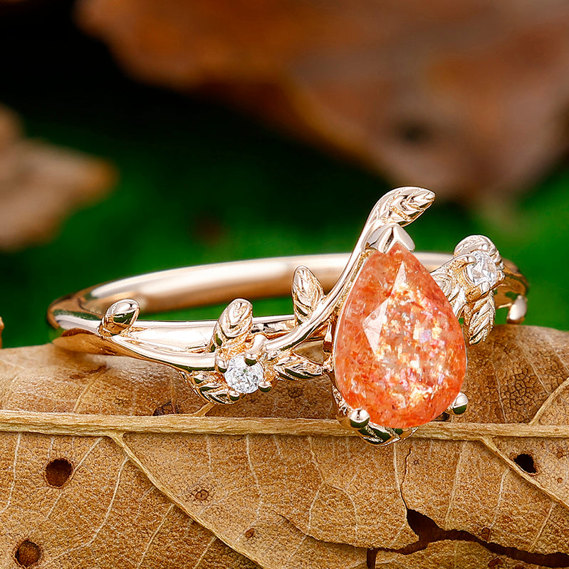 1.3CT Pear Cut Leaf Natural Sunstone Engagement Ring For Women Gift