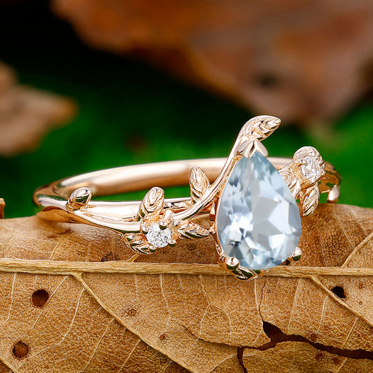 1.3CT Pear Cut Leaf Aquamarine Engagement Ring For Women Gift